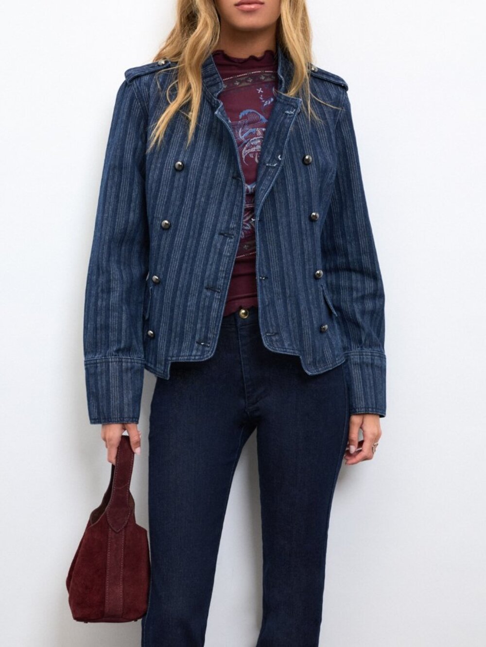 Blue Casual Women's Double-Breasted Denim Jacket - Picture 7 of 8